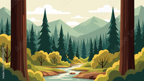 Serene Forest River Landscape vector illustration with majestic mountains in the background and lush green trees framing the scene, capturing the tranquility of nature