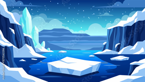 Stunning Arctic Winter Landscape Vector Illustration Majestic Ice Formations and Frozen Water in a Serene Blue Environment