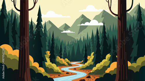 A beautiful vector illustration of a winding river flowing through a dense forest with mountains in the background, a scenic landscape artwork