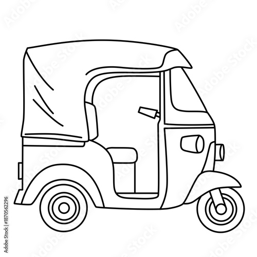 Solid auto rickshaw line art with side door great for street scenes, learning apps, and whimsical children’s designs.