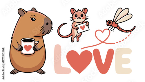 Love's Trio: Adorable illustrations featuring a capybara, a mouse holding a love letter, and a dragonfly tracing a heart, capturing the essence of affection, connection, and tenderness.