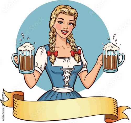 Cheerful blonde waitress in a traditional blue dirndl holding two frothy beer mugs.