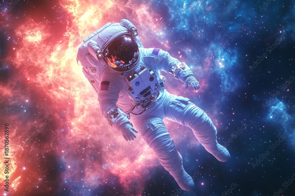 Fototapeta premium Astronaut in space surrounded by nebulae and stars.
