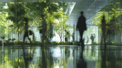 People are moving through a modern space filled with greenery and large glass windows. Bright light comes in creating reflections on the floor. The scene shows an urban setting.