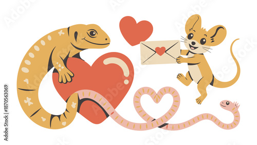 Love and Companionship: An illustration depicts a heartwarming scene featuring a lizard, a mouse, and several heart-shaped elements, emphasizing themes of love, affection, and friendship.