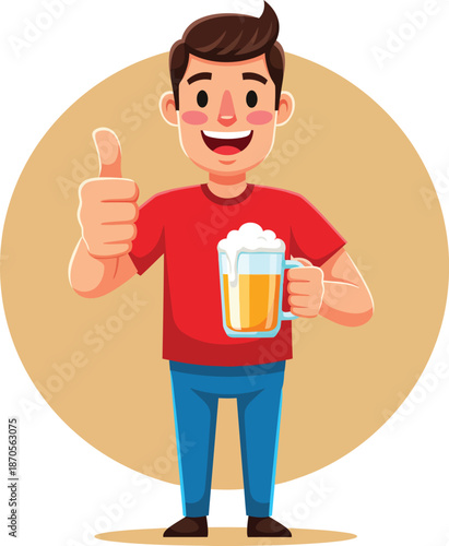 Cheerful cartoon man in a red shirt holding a beer mug and giving a thumbsup gesture.
