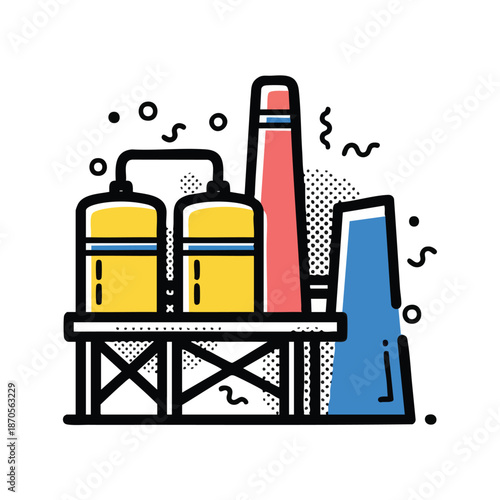 Modern outline illustration of an industrial factory plant, featuring storage tanks, a tall chimney, and production facilities, representing manufacturing and energy.