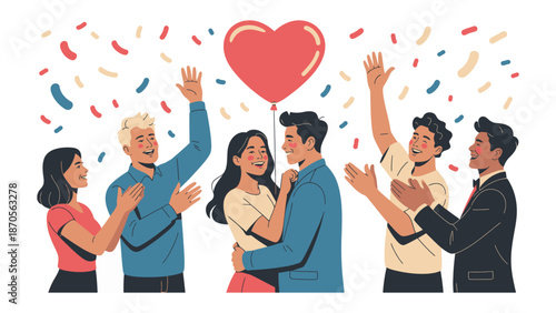 Wedding Celebration: A heartwarming scene unfolds as a newlywed couple dances gracefully beneath a heart-shaped balloon, surrounded by joyful guests who shower them with love and confetti.