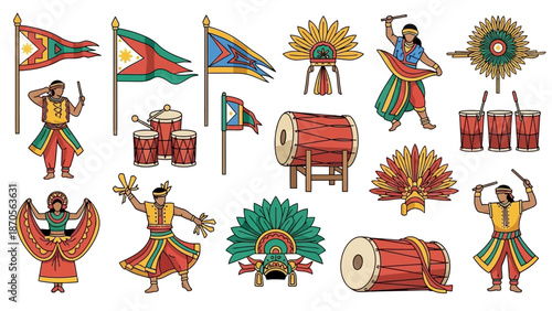 Traditional Dance and Music Elements Drums, Flags, and Dancers in Vector Illustration
