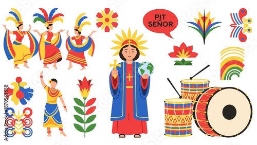 Colorful illustration set featuring dancers, religious figures, and festive elements for Pit Señor celebrations