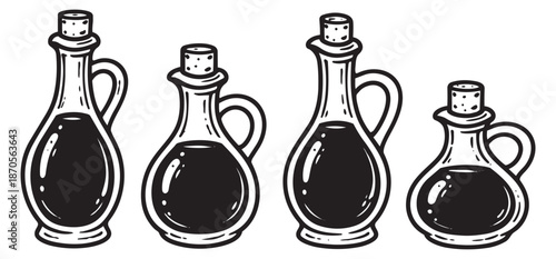 Hand drawn line art cruet set featuring various glass bottles with corks and handles for kitchen and cooking themes