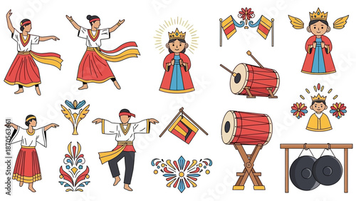 Traditional Filipino Culture and Festival Elements Dancing, Religious Figures, Drums, and Decorations