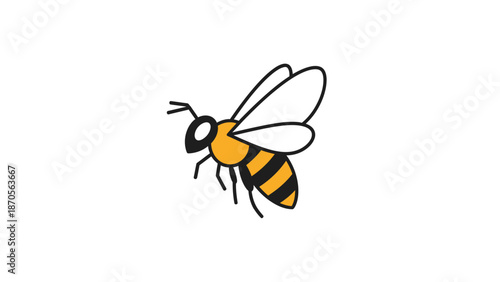 A detailed illustration of a flying bee with black and yellow stripes, wings.