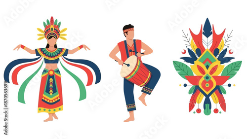 Cultural Illustrations Indonesian Dancer, Drummer, and Abstract Ornament Vector Graphics
