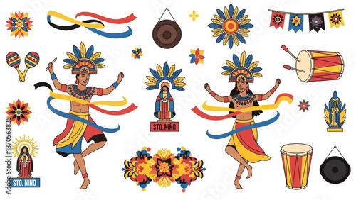 Colorful Illustrations of Traditional Mexican Dancers, Musical Instruments, and Cultural Elements