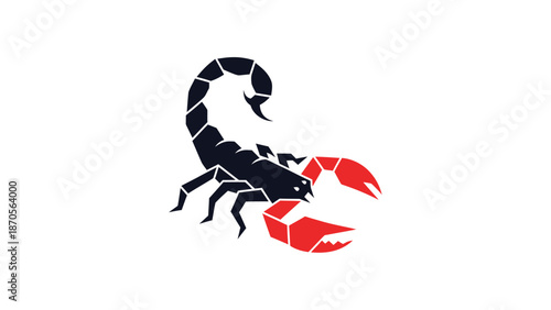Black scorpion illustration with red claws and curved tail on white background.