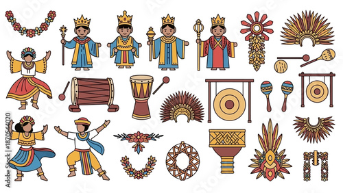 Colorful vector illustrations of kings, musical instruments, and dancers for cultural designs and themes