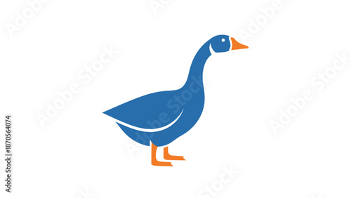 Blue goose illustration with orange beak and feet, standing proudly on white background.