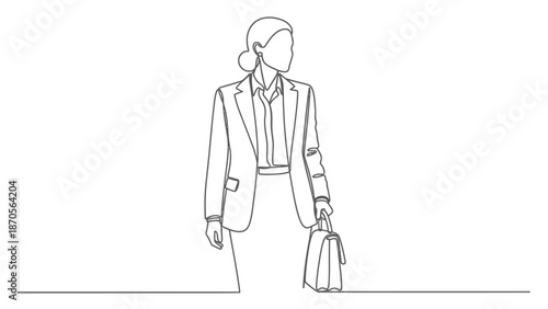 Minimalist business woman in suit holding briefcase, one line drawing, professional style