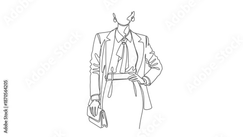 Minimalist Businesswoman Line Art: Elegant Suit, Handbag, Confident Stance