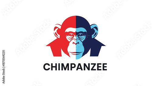 Chimpanzee face logo design with red and blue color scheme, modern style.
