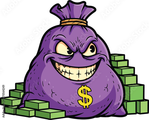 Evil purple cartoon money bag with a greedy grin and a yellow dollar sign.