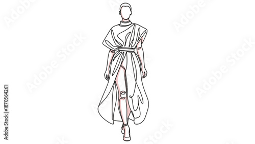 Minimalist Fashion Illustration: Woman in Avant-Garde Dress on Catwalk