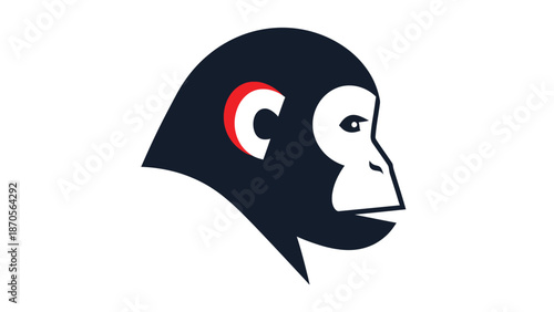 Chimpanzee head logo design, black and white illustration, simple and modern style.