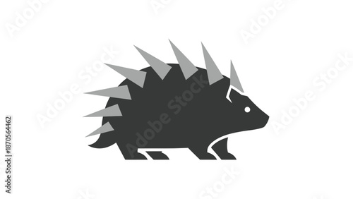A stylized illustration of a dark gray hedgehog with sharp, triangular spikes on its back, standing on a white surface.