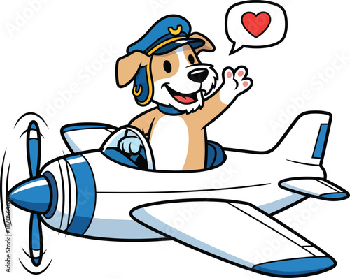 Friendly cartoon dog pilot in a blue hat waving from a white and blue propeller plane.