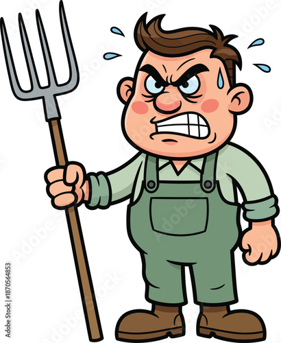 Furious cartoon farmer in green overalls brandishing a pitchfork with an angry redfaced expression.