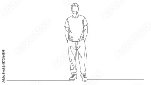 One Line Drawing of a Man Standing with Hands in Pockets
