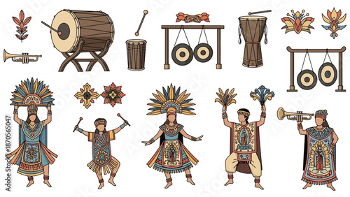 Aztec Culture Celebration Traditional Instruments and Performers in Colorful Attire