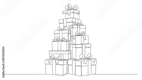 Stacked Gift Boxes with Ribbons - Simple Line Art Illustration