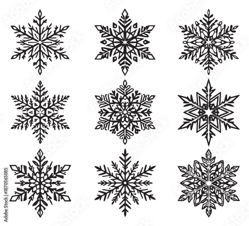 Hand drawn line art snowflake set featuring nine unique frosty designs for winter holiday decoration