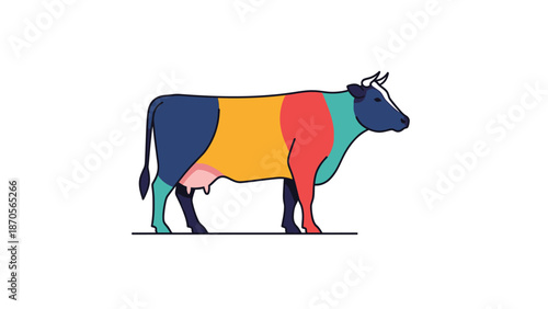 Colorful cow illustration showcasing different cuts of beef, educational and artistic representation.