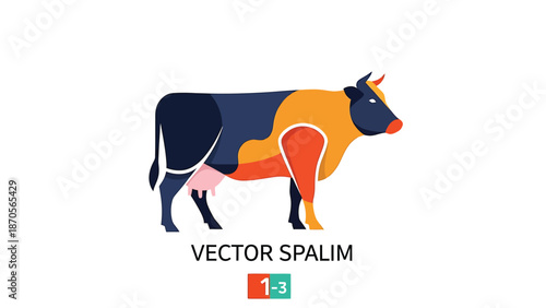 Colorful cow illustration with unique patterns and vibrant hues, vector art.