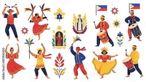 Diverse Cultural Celebration Filipino Dancers, Traditional Elements, and Symbolic Illustrations