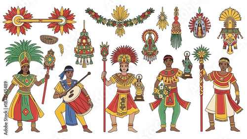 Illustration of indigenous people in traditional attire and decorative elements for cultural celebrations