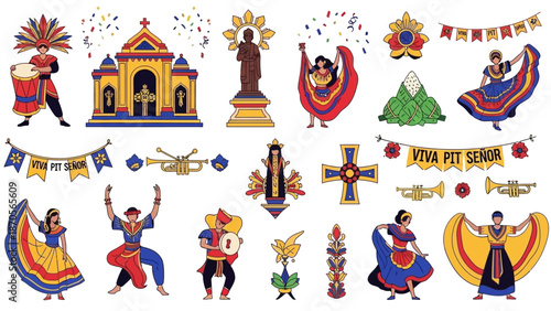 Vibrant cultural icons and traditional symbols of celebrations and festivities, graphic illustration