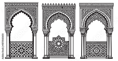 Hand drawn line art architectural arches set featuring intricate arabesque patterns for traditional design projects