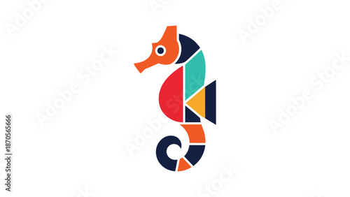 Colorful geometric seahorse illustration on a white background, artistic design.