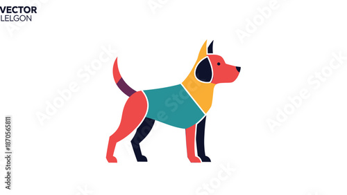 Colorful dog illustration with geometric shapes and vibrant hues on white background.