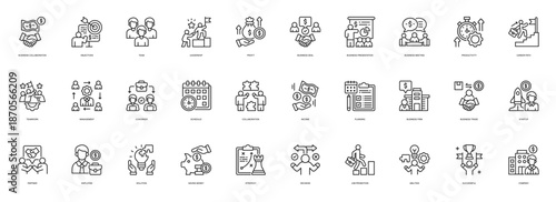 Business Partnership line style icon set. Containing Business, Collaboration, Objectives, Team, Leadership, Profit, Deal