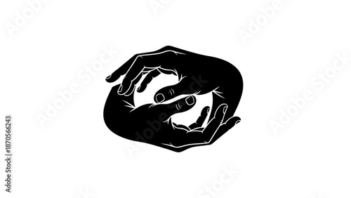 Black and white illustration of two hands cupping a small object with graphic and vector and cradling and supporting and protecting and holding