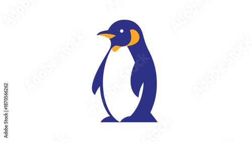 Cartoon penguin standing upright with a white belly and blue feathers, looking forward.