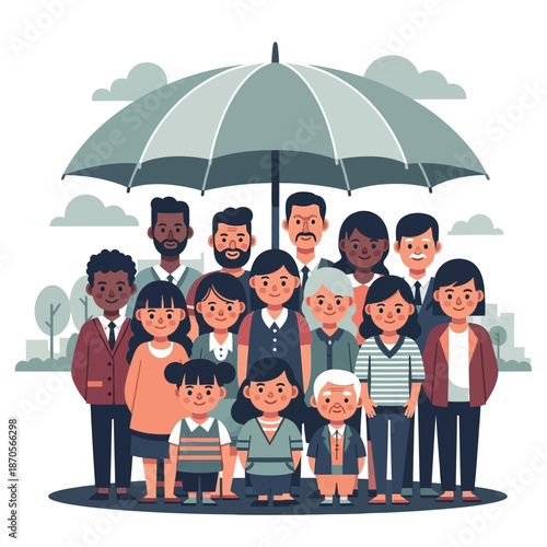 Diverse group of people standing together under a large umbrella on a cloudy day outdoors in a city park with community and togetherness and protection