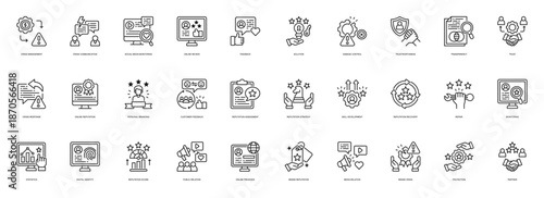 Reputation line style icon set. Containing Crisis Management, Social Media Monitoring, Online Review, Feedback, Solution, Damage Control