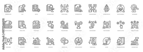 Management Review line style icon set. Containing Management Review, Goals, Objective, Environmental Impact, Strategy Alignment