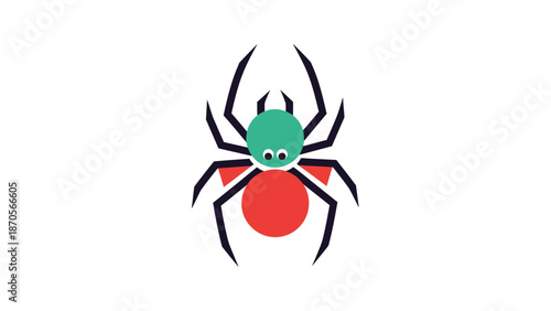 Cartoon spider illustration with a red abdomen and green head on white background.